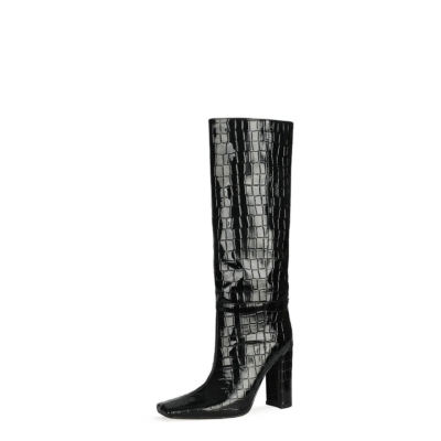 Zwarte laarzen met krokodillenprint en hoge hakken voor dames met vierkante neus