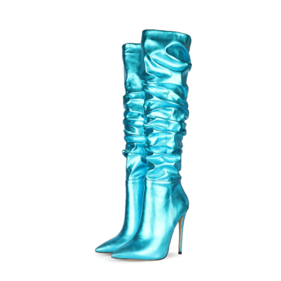 Lichtblauwe elastische metallic plisse stiletto's over de knie laarzen