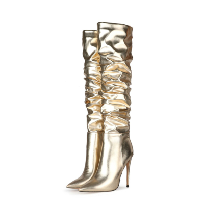 Gouden metallic plisse stiletto's over de knie laarzen