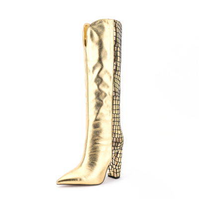 Golden Croc Printed V-cut kniehoge laarzen Puntige teen Chunky Heels Lange laarzen