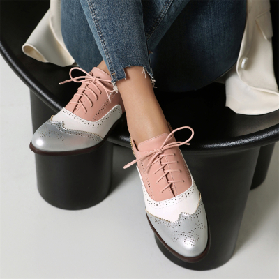 Pink and Silver Round Toe Wingtip Lace up Dress Office Shoes Women's Oxford Shoes