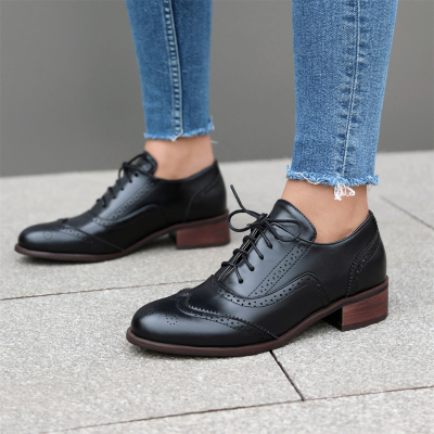 Black Round Toe Wingtip Lace up Dress Office Shoes Women's Oxford Shoes