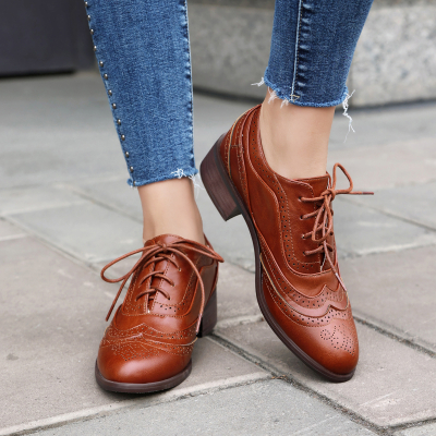 Brown Retro Wingtip Women's Oxford Shoes Round Toe Lace up Work Shoes