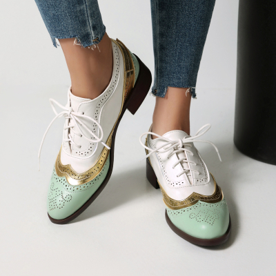 Green and White Retro Wingtip Women's Oxford Shoes Round Toe Lace up Work Shoes
