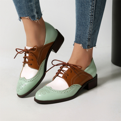Green and Brown Women's Office Lace up Hollow out Wingtip Oxford Shoes