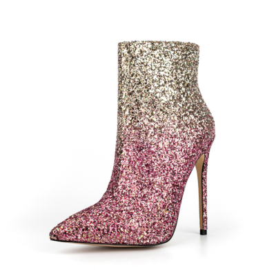 Roze en gouden kleurverloop Glitter Stiletto's Enkellaarsjes Puntige teen Korte laarzen