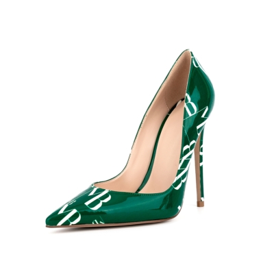 Groene Letter Floral Patent Leather Stiletto Heels Pumps