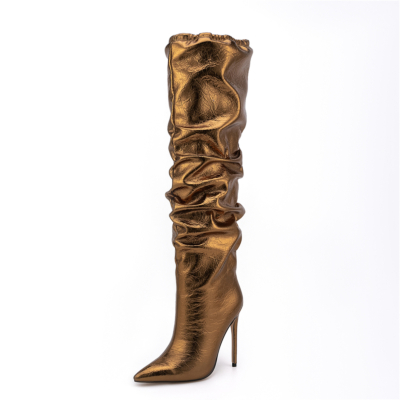 Bronzing-goud Glanzende Mode Knie Hoge Laarzen Puntschoen Naaldhak Slouch Boots