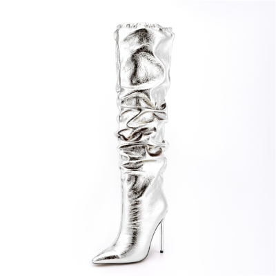 Zilveren Glanzende Mode Knie Hoge Laarzen Puntschoen Naaldhak Slouch Boots