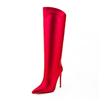 Rode metallic-kleurige mode spitse neus naaldhak brede kuitlaarzen