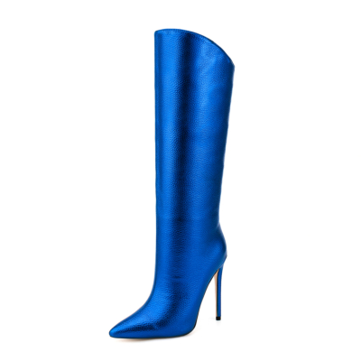 Marineblauwe metallic-kleurige mode puntige neus naaldhak brede kuitlaarzen