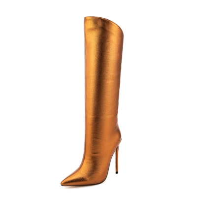Goud metallic-kleurige modieuze spitse neus naaldhak brede kuitlaarzen