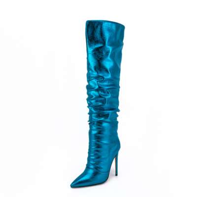 Blauwe metallic-kleurige mode spitse neus stiletto kniehoge slappe laarzen