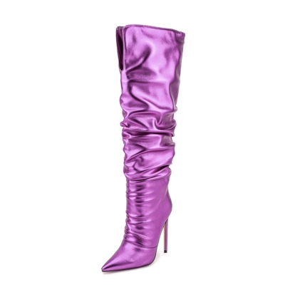 Neon metallic paars spitse neus slouch boots naaldhak knie hoge laarzen