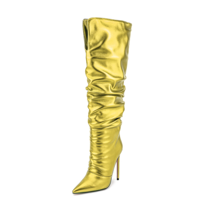 Neon metallic gele slouch boots met spitse neus Kniehoge laarzen met naaldhak
