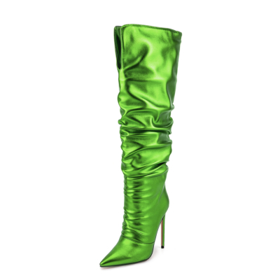 Neon metallic groene slouch boots met spitse neus Naaldhak kniehoge laarzen