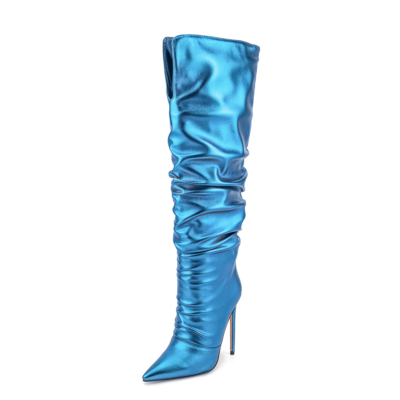 Neon metallic blauwe spitse neus slouch laarzen naaldhak knie hoge laarzen