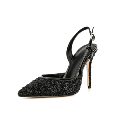Slingback sandalen met zwarte glitter puntige neus en naaldhak