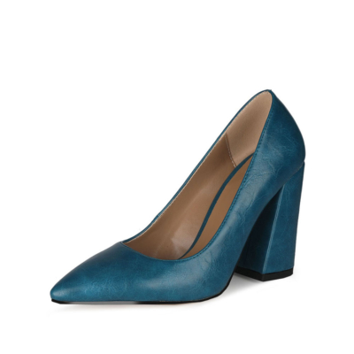 Blauwe vintage gesloten teen instappers 4 inch dikke hakken schoenen voor werk