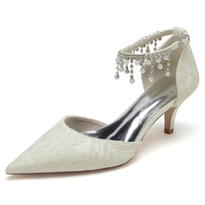 Beige bruiloft kanten pumps Kitten Heels Pearl Enkelbandje D'orsay schoenen
