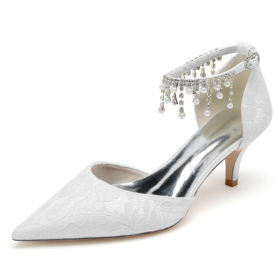 Witte bruiloft kanten pumps kitten hakken parel enkelband D'orsay schoenen