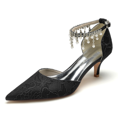 Black Wedding Lace Pumps Kitten Heels Pearl Enkelbandje D'orsay Shoes