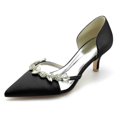 Zwarte bruiloft satijnen strass pumps D'orsay schoenen kitten hakken