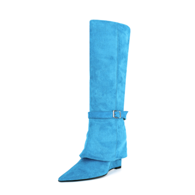 Blauwe Wedges Fold Over Boots Klassieke Dames Kniehoge Laarzen met Puntige Neus