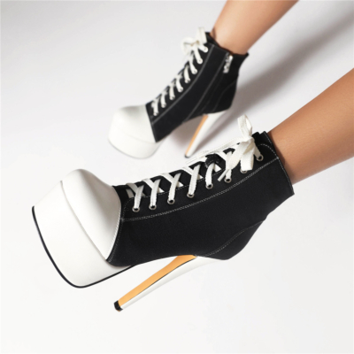 Witte en zwarte platform canvas pleaser schoenen hoge hakken met veters en naaldhaken