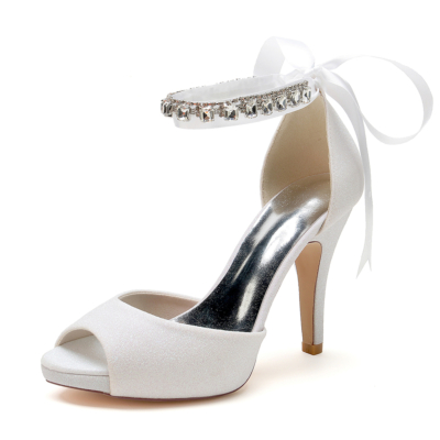 Witte Glitter Peep Toe Enkelband Naaldhak Platform Bruiloft Sandalen met Strik