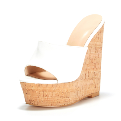 Witte sandalen met sleehak en houten hak muiltjes schoenen