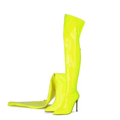 Neon limoengroene laarzen met hoge hak Stiletto dijhoge laarzen met rits aan de achterkant
