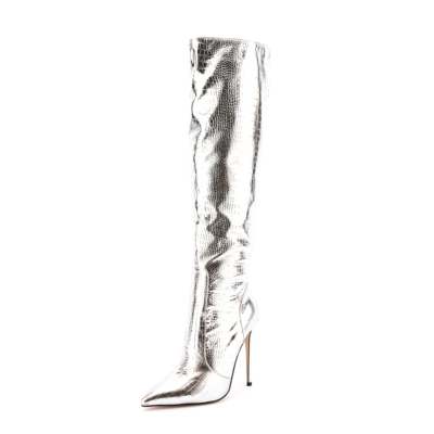 Dames Kniehoge laarzen van vagenleer met spitse neus en zilveren Python-print