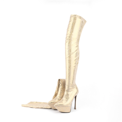 Gouden hagedis bedrukt puntige teen platform hakken ding-hoge lange laarzen