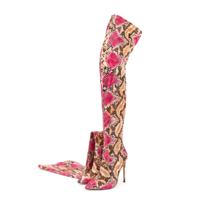 Pink Fashion Snake reliëf spitse neus Stiletto's over de knie enkellaarsjes
