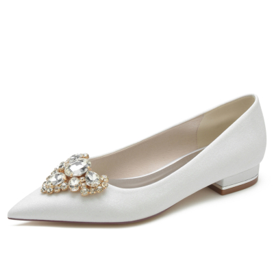 Vrouwen witte glitter spitse neus strass flats bruiloft schoenen