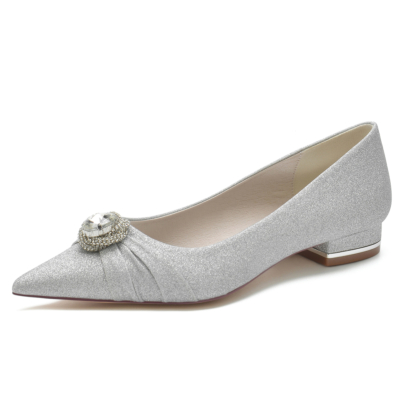 Platte damesschoenen met zilveren glitterpuntige neus en strass-bruiloft