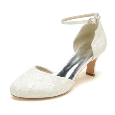 Vrouwen ivoor wit kant amandel teen spool hakken bruiloft schoenen enkelband pompen