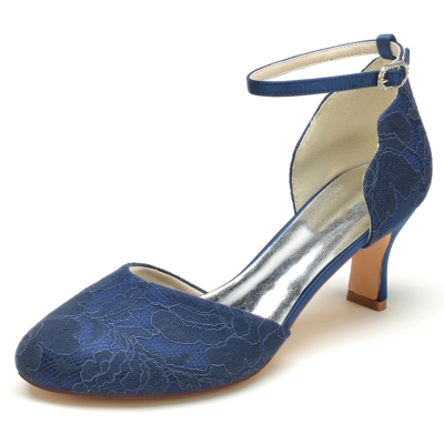 Dames Navy Lace Almond Toe Spool Heels Wedding Shoes Enkelband Pumps