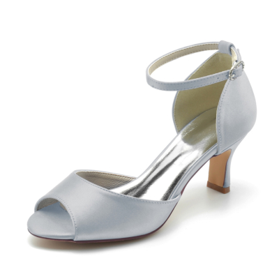 Dames zilveren Peep Toe satijn enkelbandje lage hak bruiloft sandalen