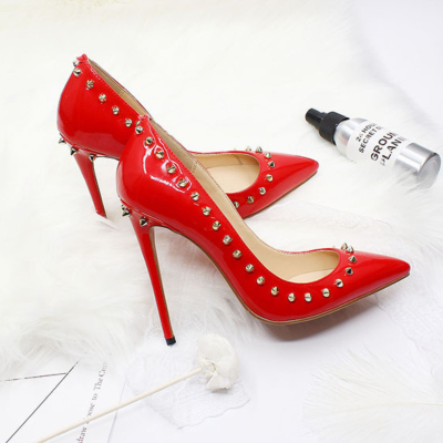 Rode Dames klinknagels Pumps Stiletto puntige teen bezaaid hakken kantoor schoenen 12cm
