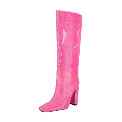 Kniehoge laarzen met vierkante neus, roze pailletten en dikke hak voor dames