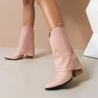 Roze Veagn lederen cowboylaarzen voor dames. Modieuze opvouwbare laarzen