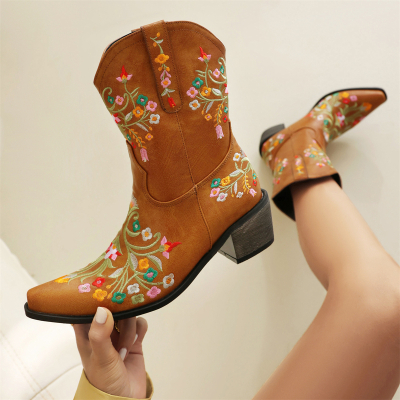 Women's Tan Vegan Leather Retro Western Cowboy Boots with Flowers Embroidery