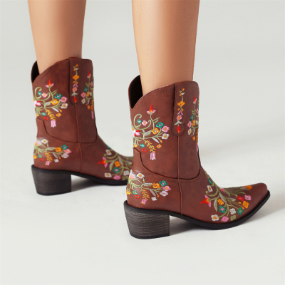 Women's Brown Vegan Leather Retro Western Cowboy Boots with Flowers Embroidery