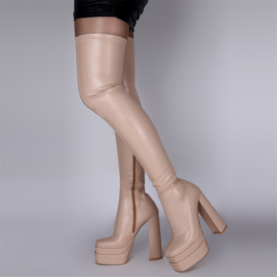 Nude Elastic Vegan Leather Square Toe Chunky Heel Platform dij hoge laarzen