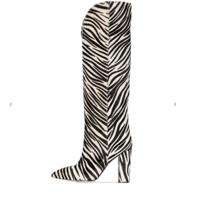 Zwart-wit paardenhaar zebra V-cut blokhak kniehoge laarzen