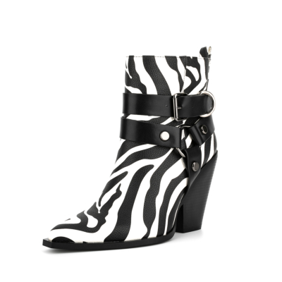 Zwart-wit Zebra Print Enkellaarzen Blokhak Sexy dameslaarzen