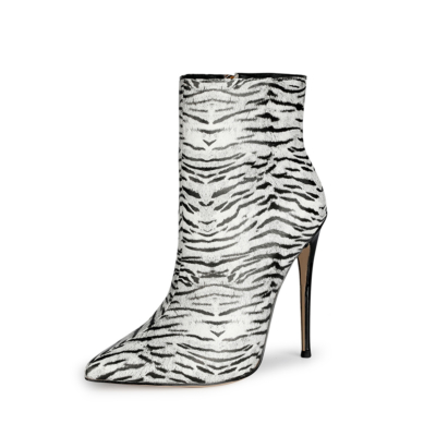 Zebra bedrukte 5 inch stiletto hoge hakken enkellaarsjes met spitse neus